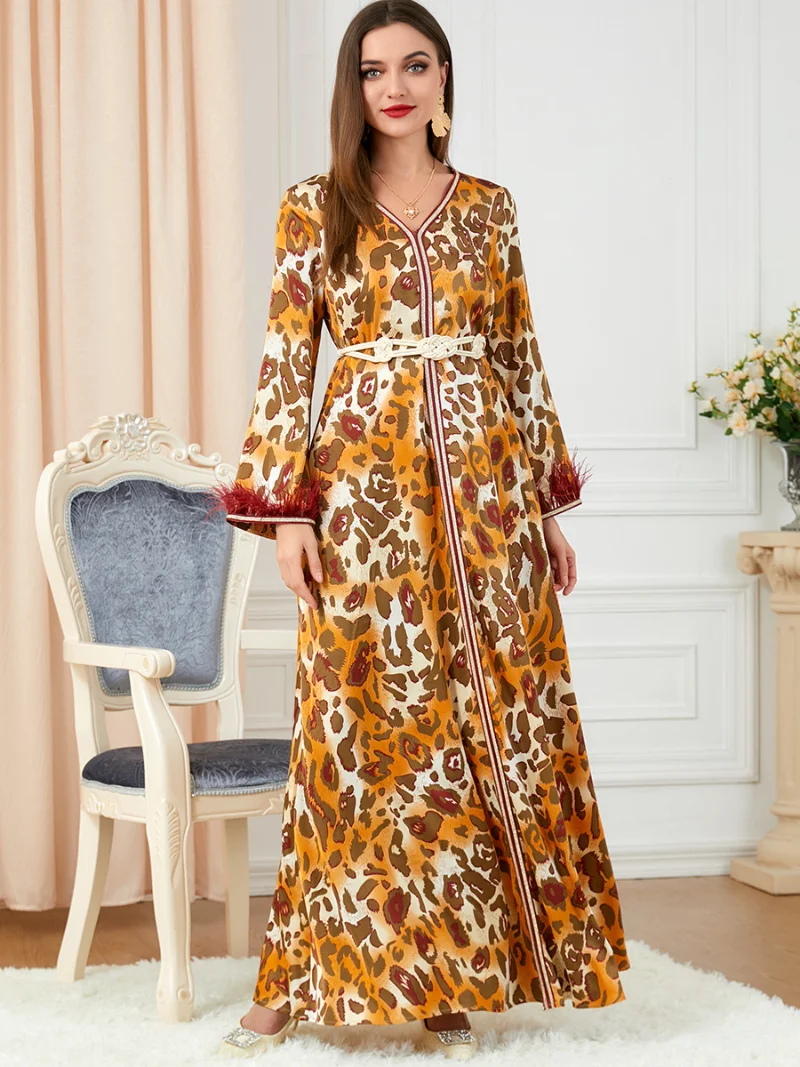 Abaya Muslim Woman Fashion Floral Print V-Neck Feathers Sleeve Long Dress Belted Kaftan Arabic Ladies Dresses Ramadan