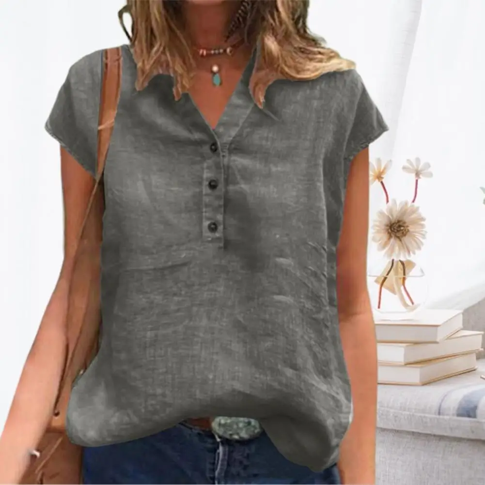 

V-Neck Short Sleeve Buttons Simple T-shirt Women Solid Color Pullover Top Female Clothing