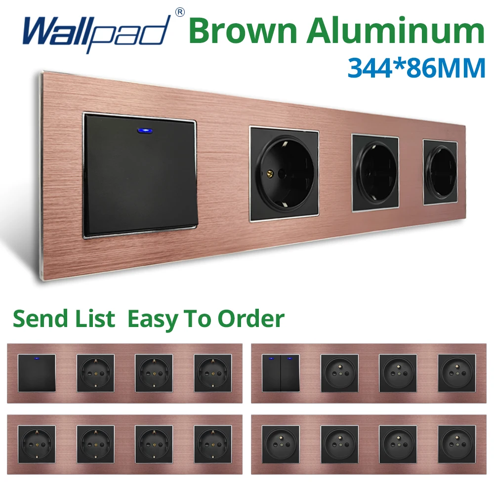 

Wallpad 1 2 3 Gang 2 Way With LED Indicator Brown Aluminum Panel Wall Switches 3 EU Socket 344*86mm AC 110-220V 16A