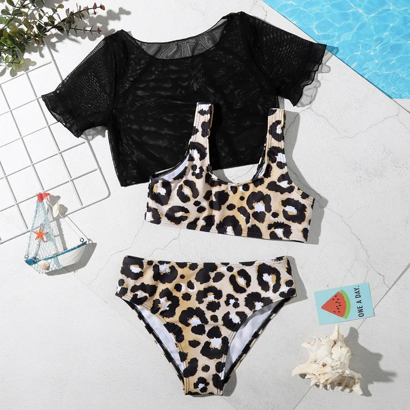 

Женский леопардовый комплект бикини с коротким рукавом и сетчатым укороченным топом