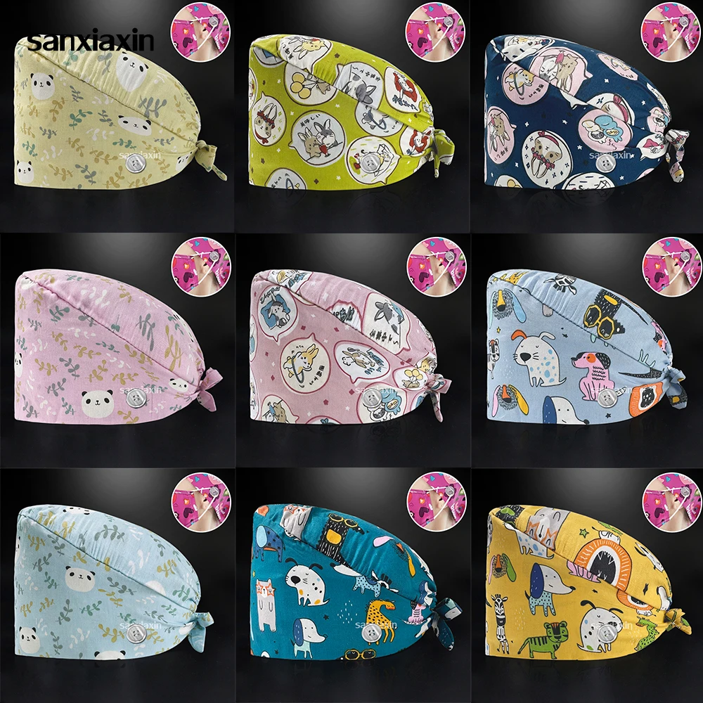 

Fashion Unisex Multicolor Printed Frosted Hat Cotton Breathable Beauty Salon Nursing Cap Lab Work Hat Adjustable Scrubs Caps