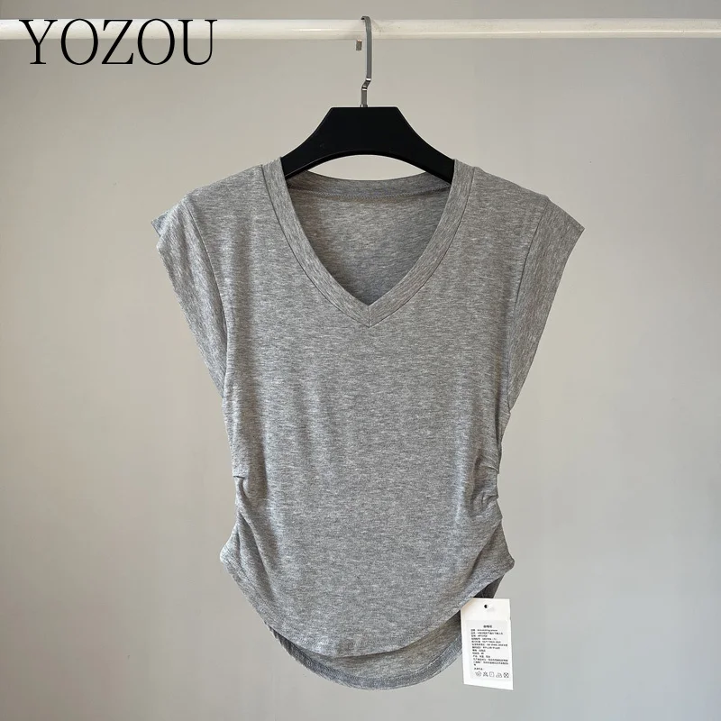 

[YOZOU] Summer Sleeveless Short Sleeve Basic Solid White Black Crop Top Pink Clothes Vintage Fitness Baby Tees Tshirt Women