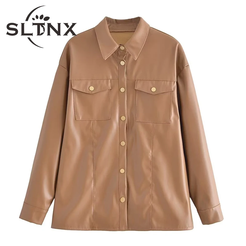 

SLTNX Woman Vintage Leather Jacket Coat Long Sleeve Solid Turn-down Collar Woman Shirt Jackets with Pockets Coat Female Clothing