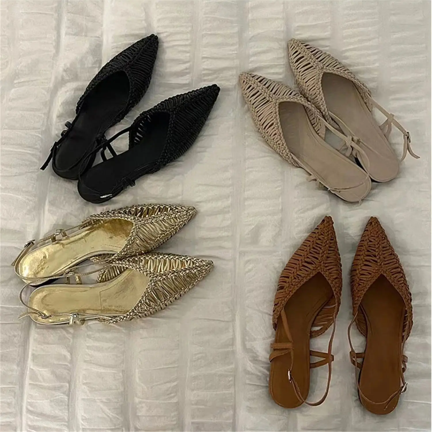 Tkana sieć rybacka szpiczasty nosek rzymskie sandały sztuczna skóra letnie Hollow jeden pasek płaskie buty dla kobiet kapcie