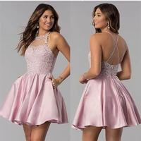 satin lace applique formal prom gown sexy backless homecoming short with pockets halter cocktail dresses for teens robes de bal