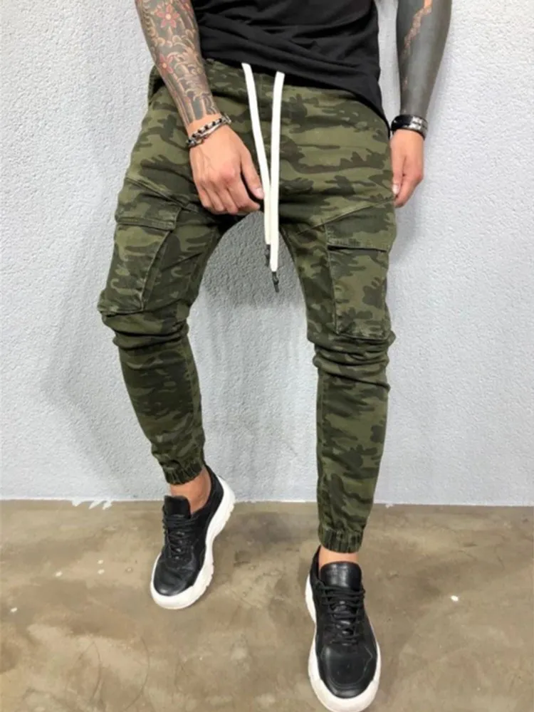 Men's Jeans Outdoor Jeans Men's Slim Pants Mid Waist Camouflage Sports Pencil Pants Fashion Casual Drawstring Pants New vaqueros