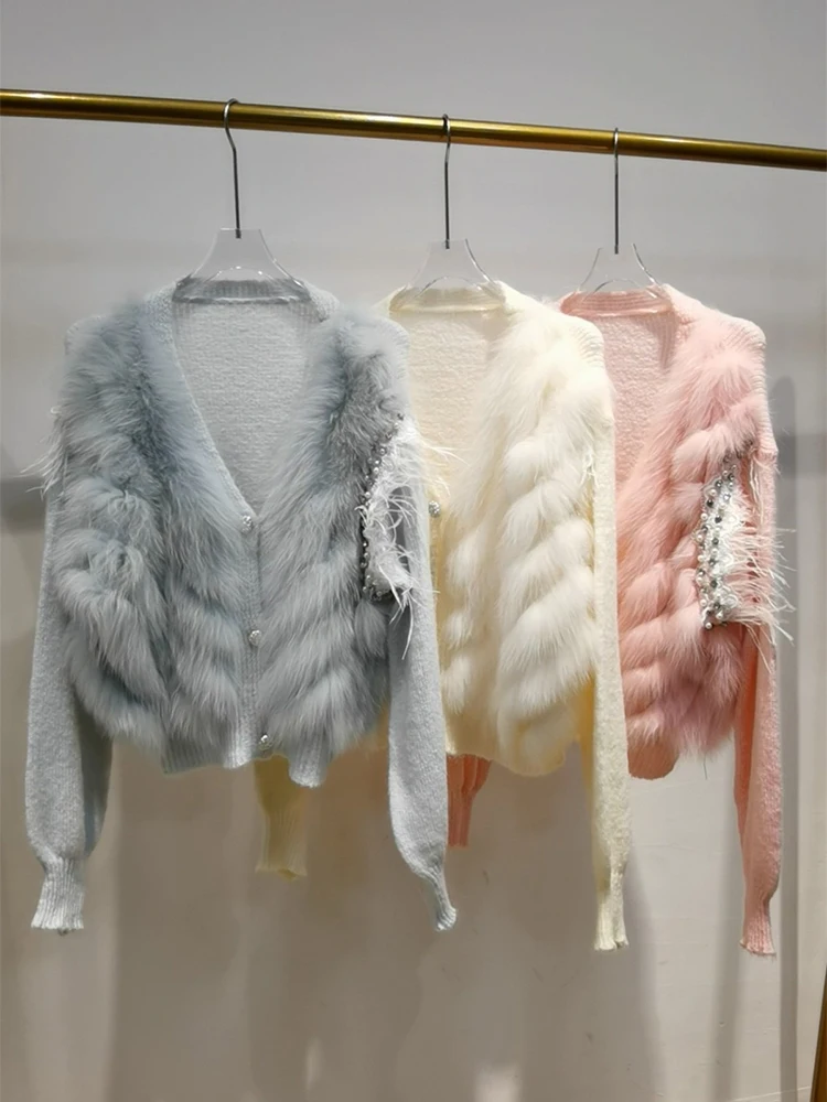 Candy Color Thin Real Fox Fur Knitted Sweater Cardigan For Women Spring Autumn Outerwear Beading Feather Patchwork Cardigan