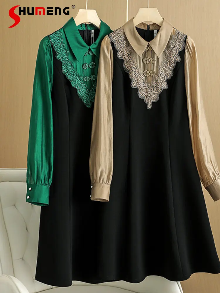 

Women's Early Autumn Commuter Midi Dress Fashion 2022 New Retro Long Sleeve Lace Stitching Knitted Mid-Length Dresses for Women