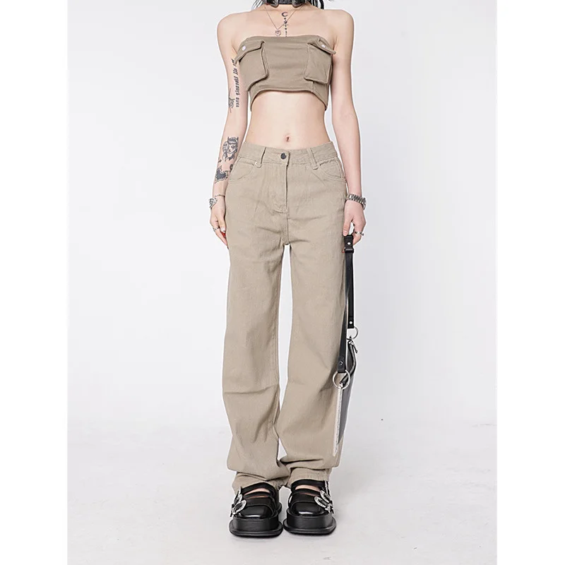 

Women's Khaki Wide Leg Jeans Star Pocket Vintage Straight Pants High Waist Baggy Streetwear Casual Brown Denim Trouser Ladi