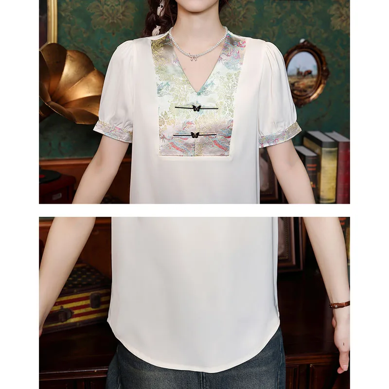 Женская шифоновая блузка с коротким рукавом V-образным вырезом и вышивкой