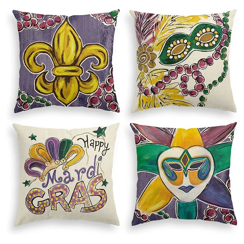 

4Pcs Colorlife Mardi Gras Fleur De Lis Throw Pillow Covers, Masquerade Mask Bead Holiday Cushion Case For Sofa Couch