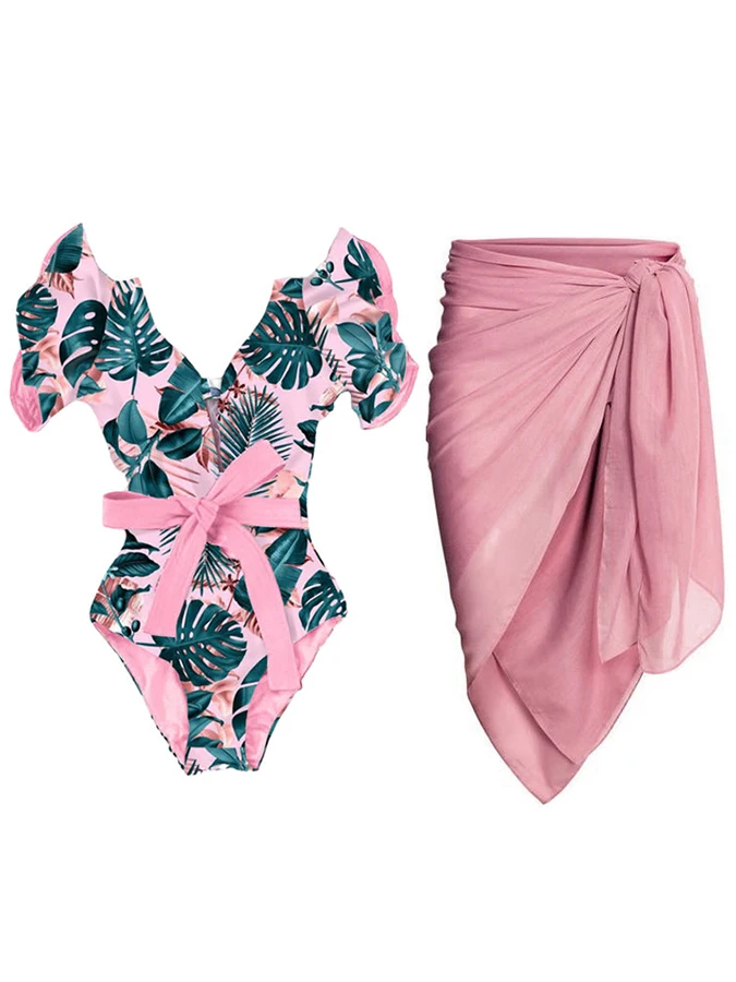 

Fashion Print Ruffle One-Piece Swimsuit With Skirt Ruffled Collar Beach Dress Designer Bathing Suit Summer