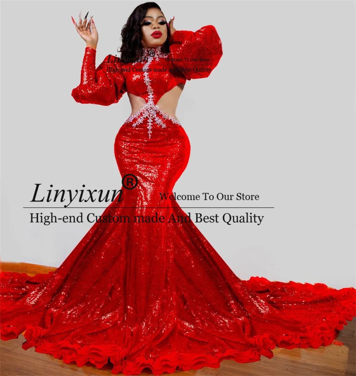 

Charming Red Sequins Mermaid Prom Dresses Long Puffy Sleeves Women Evening Party Gowns 2022 Sexy Aso Ebi robes de soirée