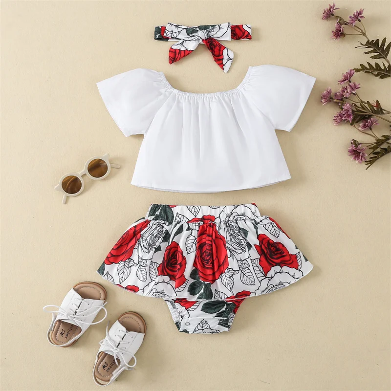 3 шт. детский хлопковый костюм с коротким рукавом юбка цветочным принтом и