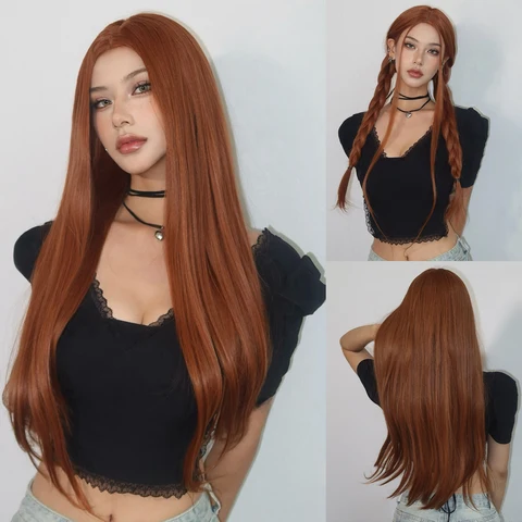 LOUIS FERRE Middle Parted Red Brown Ginger Copper Synthetic Wigs for Women Natural Hair for Girls Daily Heat Resistant Fiber Wig