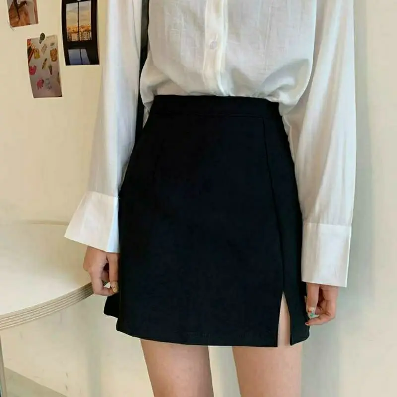 2022 Korean Version Of The Black Split Skirt Loose High Waist Thin Student Solid Bag Hip A-line Short Skirt Casual Preppy Style