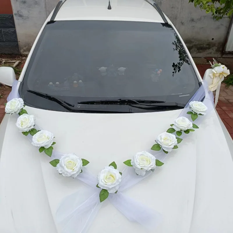 

White Rose Artificial Flower for Wedding Car Decoration Door Handle Ribbons Silk Flower Bridal Car Decor Fake Flores With Tulle