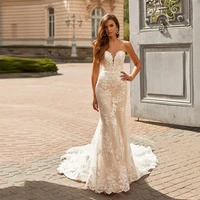 button wedding dresses sexy strapless appliques lace mermaid trumpet sleeveless tulle sizes available boho bridal gowns