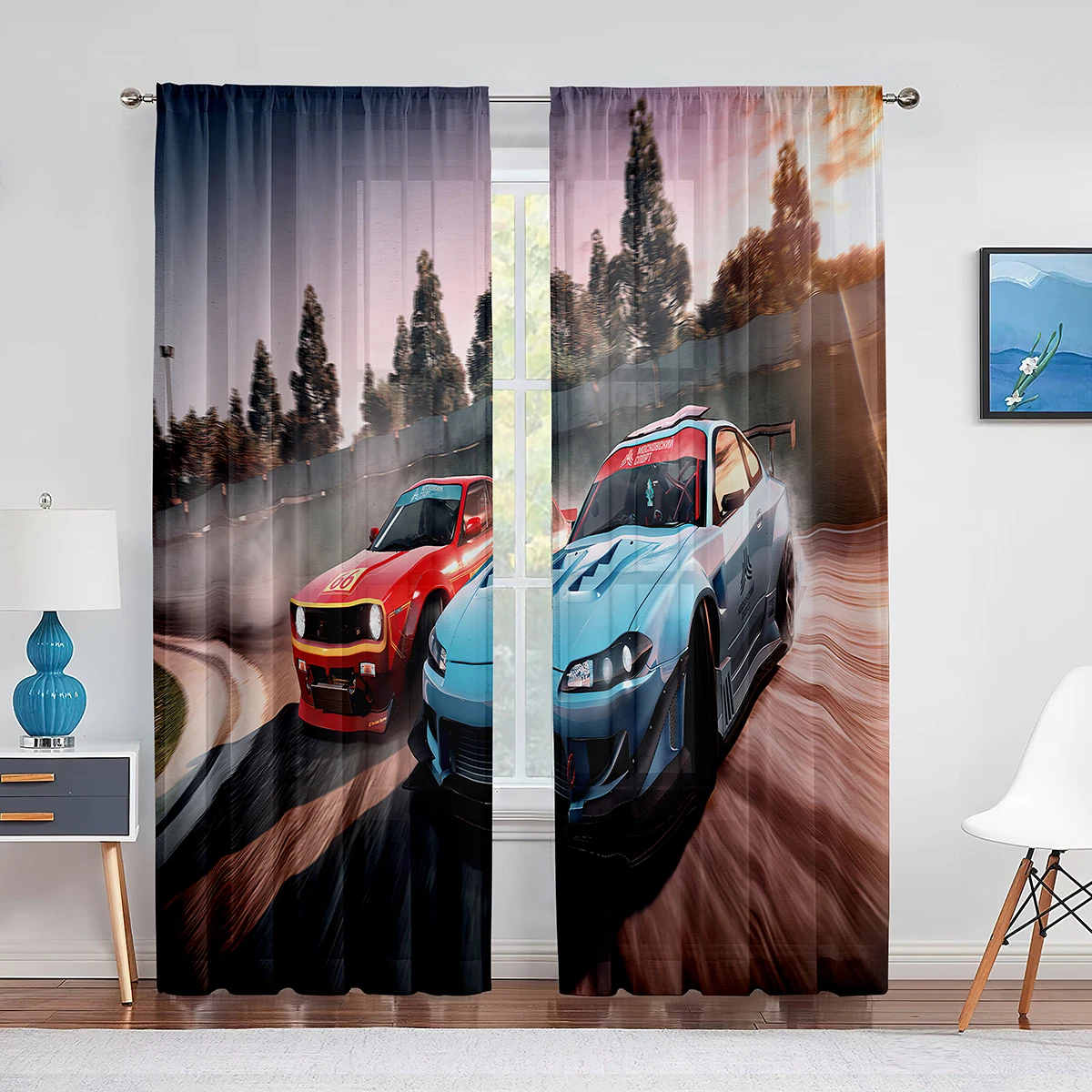 Race Car Sheer Voile Curtain Racing Car Speed Extreme Sport Window Tulle Curtains for Living Room Bedroom Teens Mens Room Decor