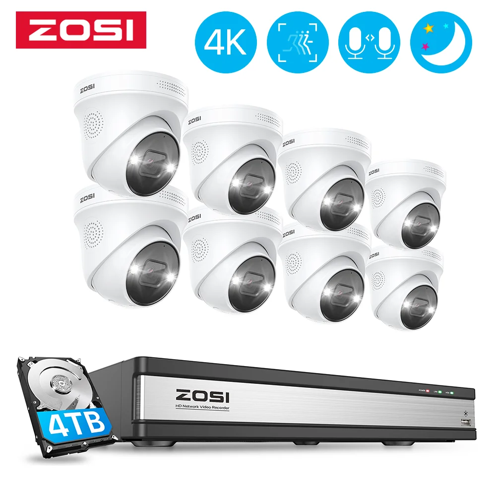 

ZOSI 16CH 4K PoE Video Surveillance Camera System AI Face Decetion 8pcs 8MP Full Color Night Vision IP Cameras Security CCTV Kit