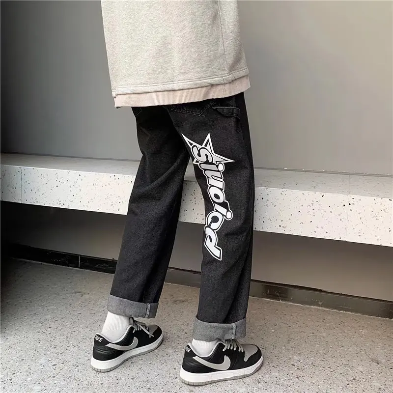 

2022 New Fashion Letter Print Straight Men Baggy Jeans Trousers Hip Hop Loose Wide Daily Casual Cozy Denim Pants Pantaloni Uomo