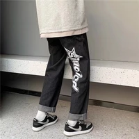 2022 new fashion letter print straight men baggy jeans trousers hip hop loose wide daily casual cozy denim pants pantaloni uomo