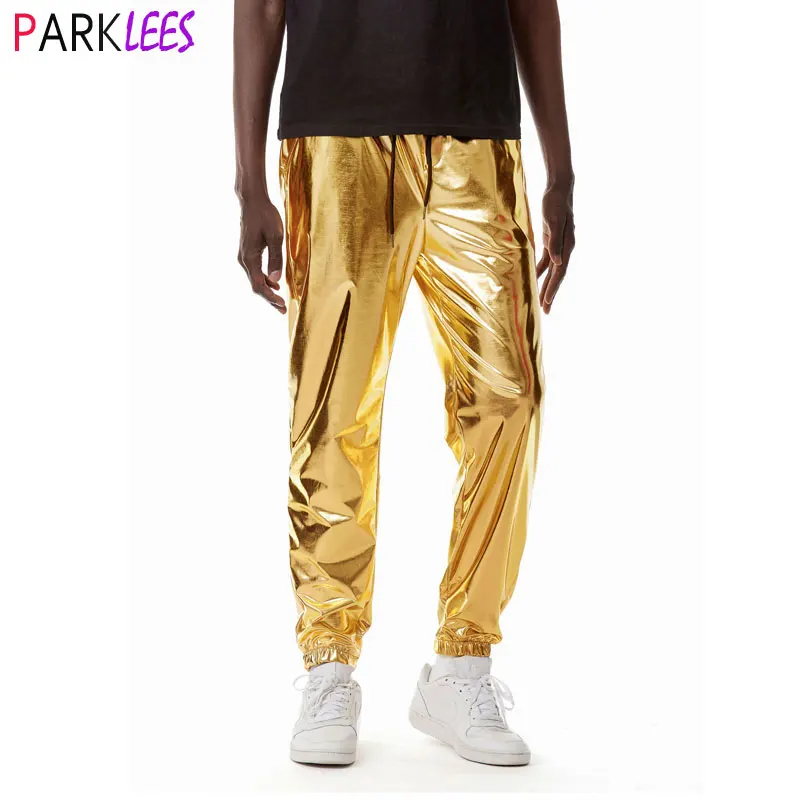 

Mens Gold Metallic Shiny Jogger Sweatpants Hip Hop Holographic Tapered Joggers Men Club Party Festival Prom Streetwear for Male