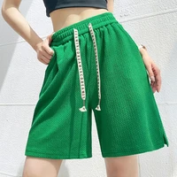 new split elastic shorts hot green loose casual shorts women 2022 summer waist knee length pants all match wide leg laced up