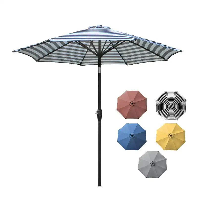 

9ft Outdoor Aluminum Patio Umbrella, Round Market Umbrella with Push Button Tilt and Crank for Shade, Black & White Striped fo