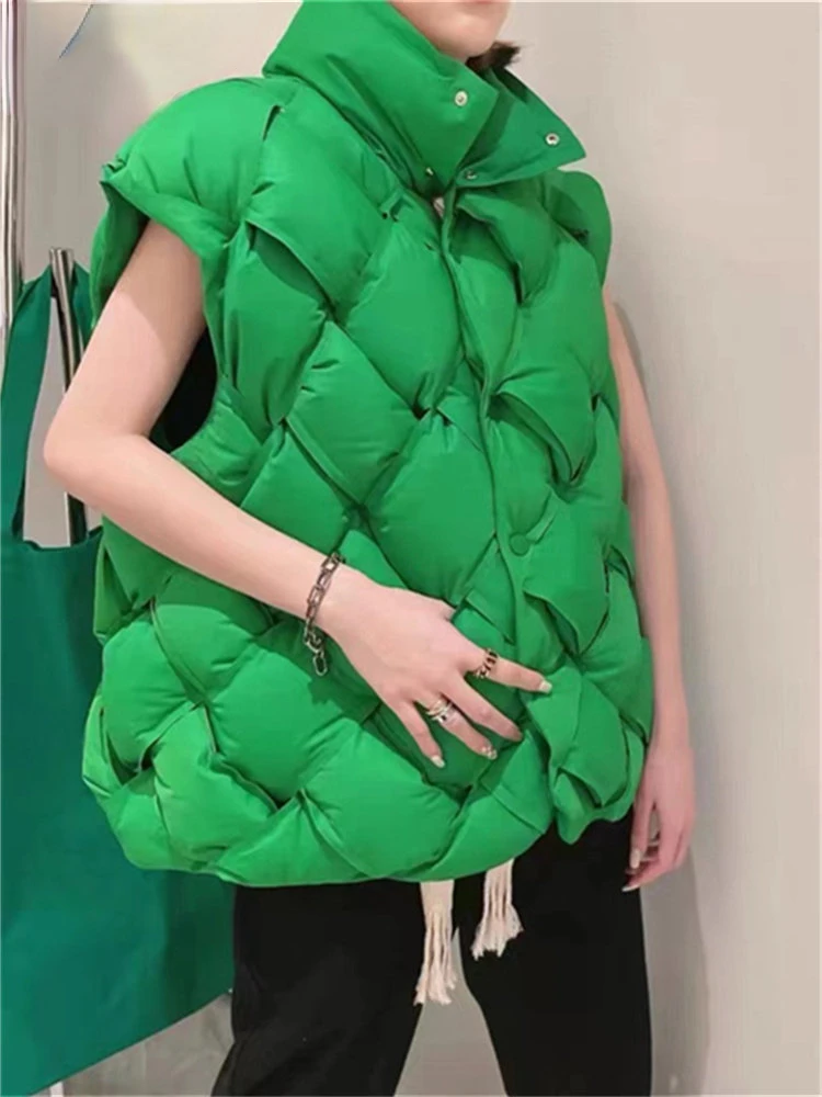 Winter Jacket Vest for Women 2022 Green Argyle Weave Puffer Coats Stand Collar Thicken Warm Parkas Elegant Outerwear