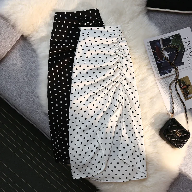 

High Waist Skirts Women Side Slit Pleated Design Medium Long Wave Point Chiffon Skirt Female 2023 Summer Hip Wrap Skirt