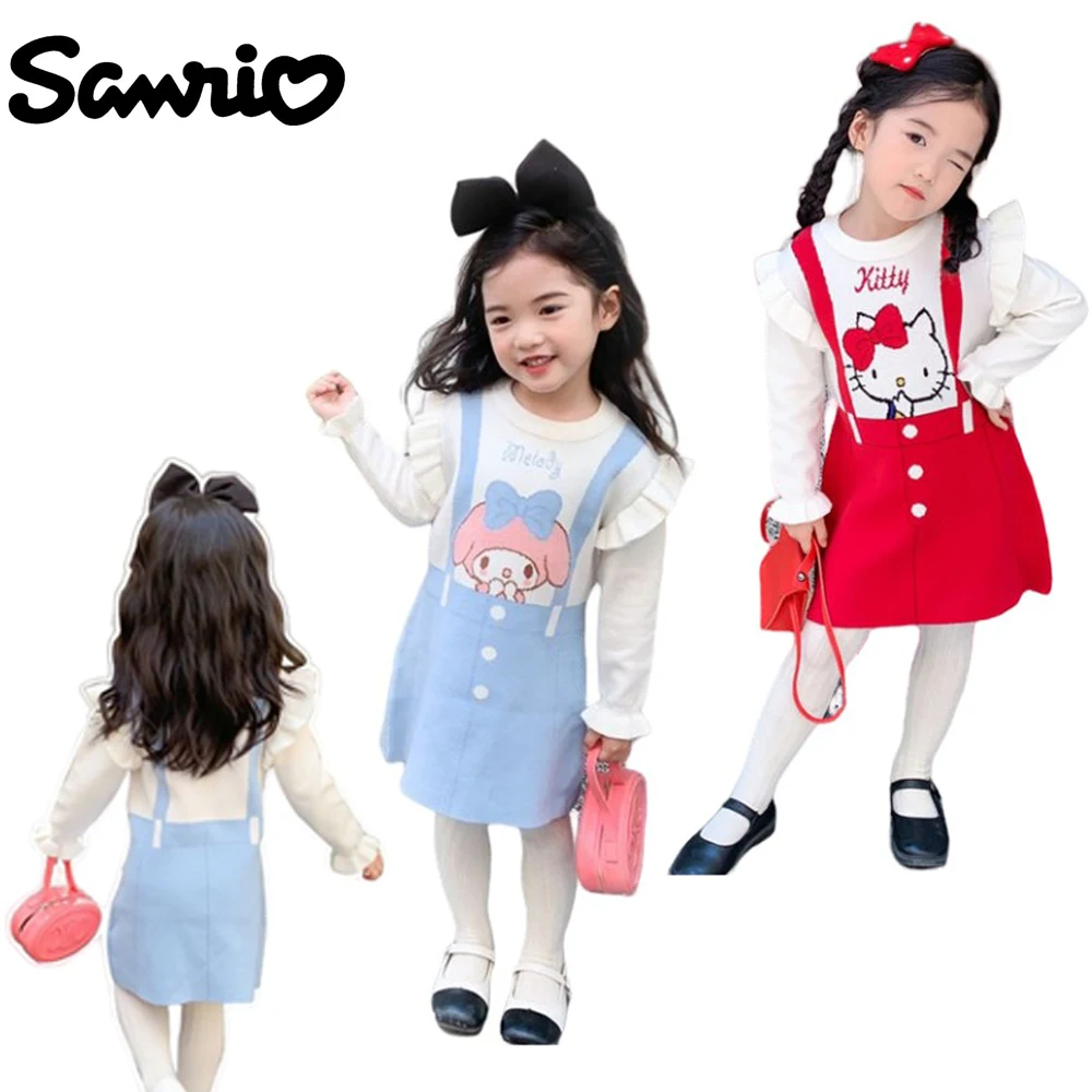 

Sanrios Hellokittys Kuromi My Melody Girls Spring Autumn Winter Dress Anime Kawaii Sweet Knitting Woolen Dress Princess Skirt