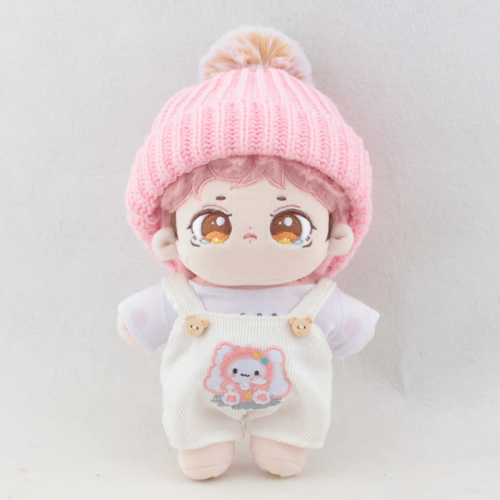 

20cm Doll Clothes Knited Hat Beanie+T Shirt+ Mini Suspender Pants Overalls +PU Leather Shoes For Cotton Stuffed Dolls Toy Gifts