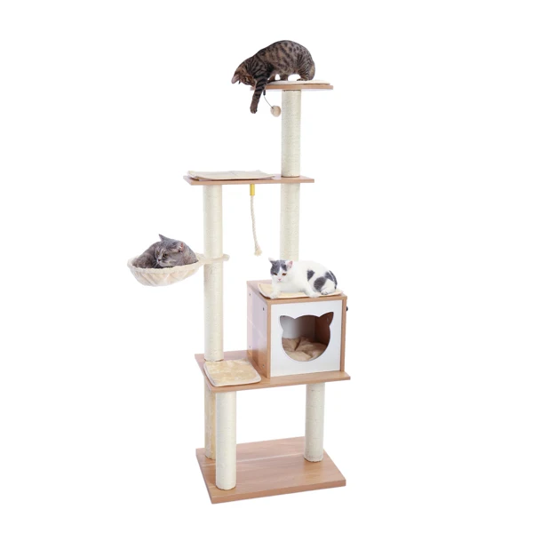 

Modern Wooden Cat Tree Multi-Level Cat Tower With Fully Sisal Covering Scratching Posts, Deluxe Condos And Large Space Capsule