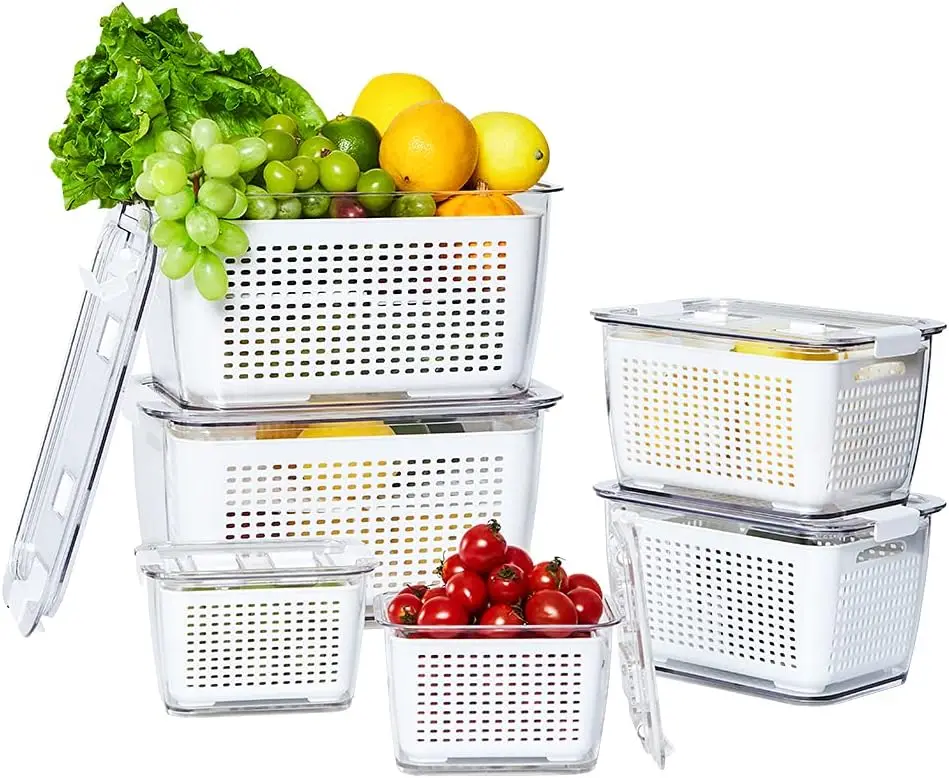 

basket 6-Piece Fruit Storage Containers for Fridge with Strainer,Produce Containers for Fridge,Lettuce Keeper,White (Not Dishwas