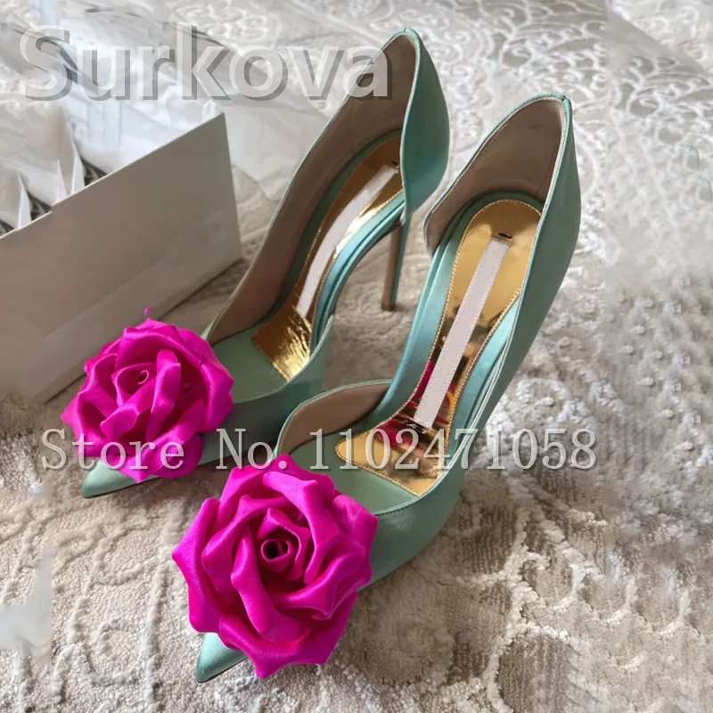 Red Rose Women Pumps Fashion Design Blossing Flowers Hight heels Ladies Shoes Sheepskin Pointed Toe Party Wedding Pumps Female