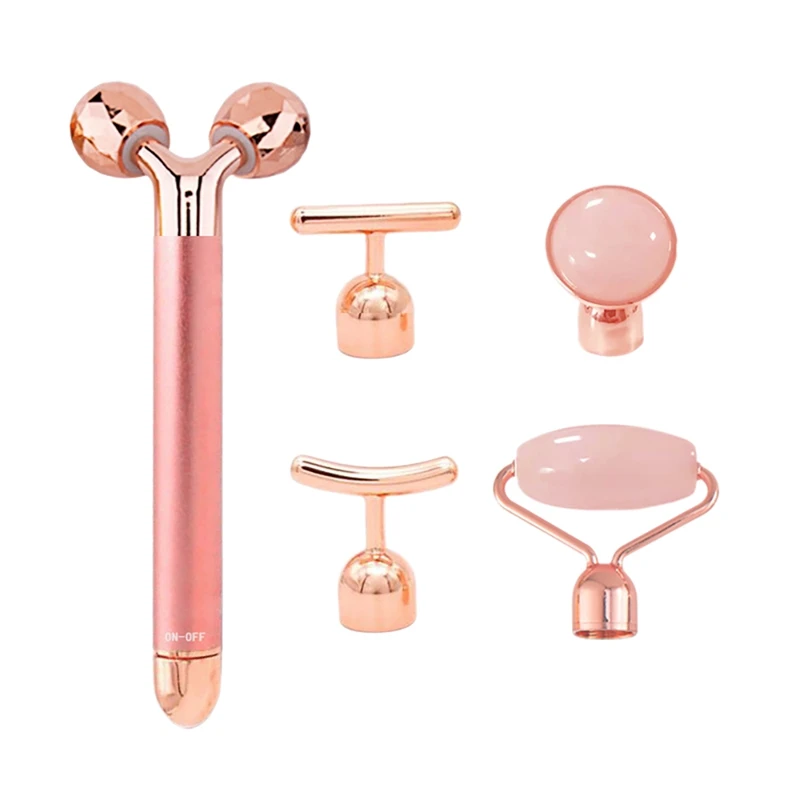 

5-In-1 24K Gold Beauty Bar Face Massager Electric Rose Quartz 3D Roller Face Lifting Body Facial Gua Sha Jade Roller