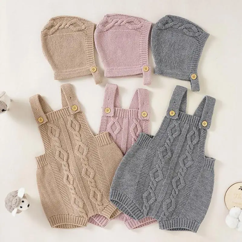 

2022 Spring Summer Infant Simple All-match Knitting Sling Bodysuit Boy Fashion New Jumpsuit One Piece Girl Outfits And Cap