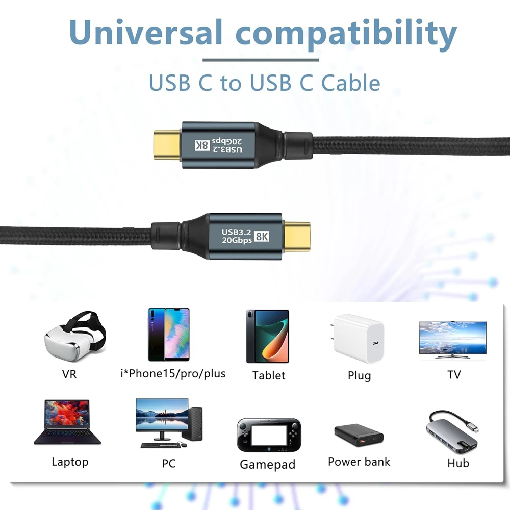Кабель для передачи данных PD 100 Вт USB C iPhone 15 Pro Max Xiaomi 3 2 Type-C Gen2 20 Гбит/с 8K @ 60 Гц