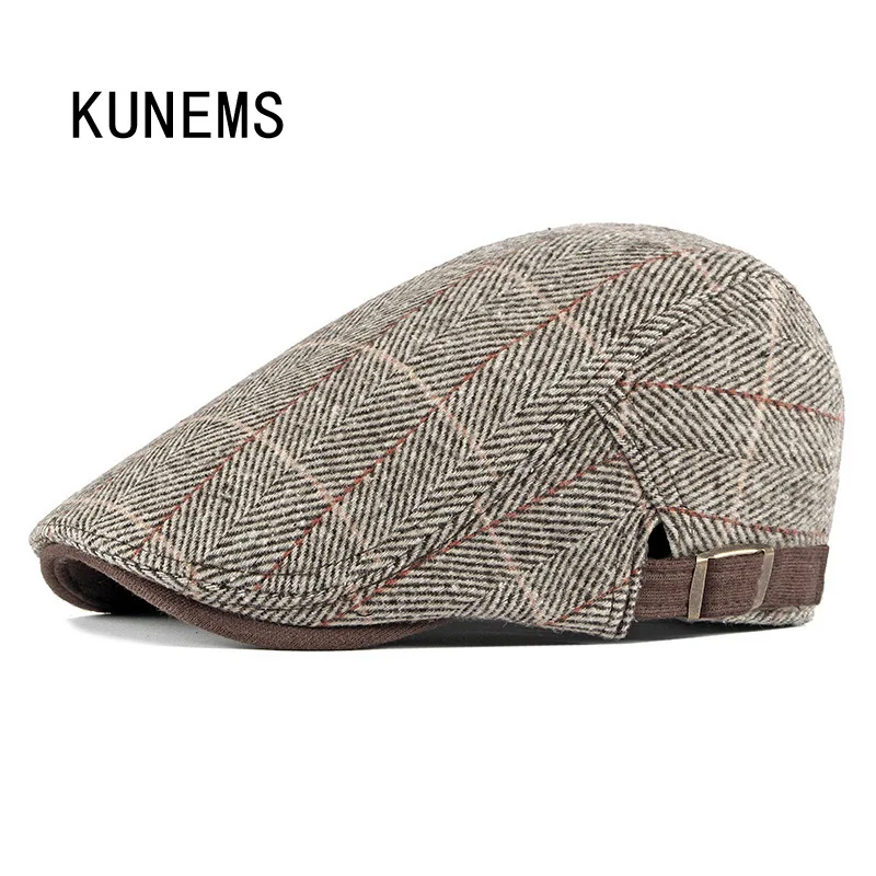 

KUNEMS Winter Cotton Knit Berets Boina Casual Check Newsboy Hats for Men Fashion Retro Flat Hat Dad Cap Gorros Hombre