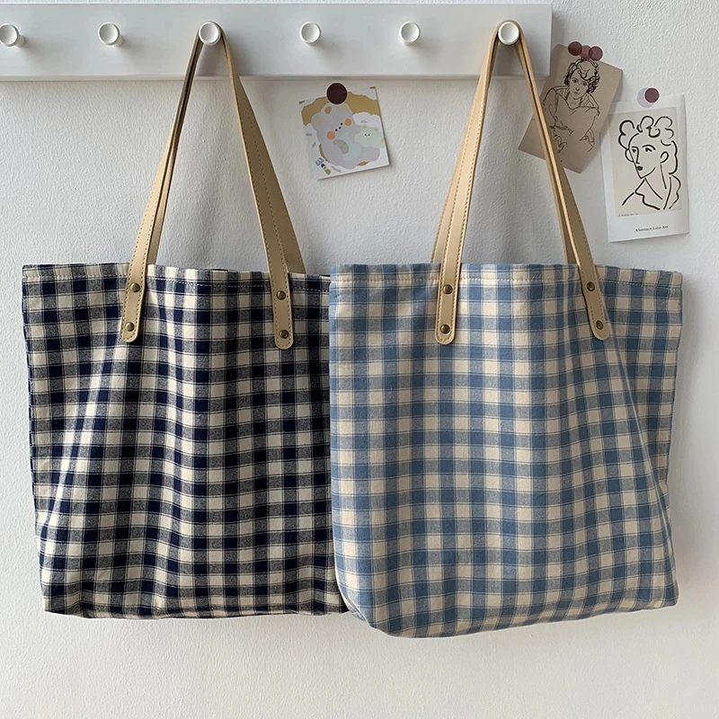 

Ladies Trendy Checkered Shoulder Bag 2021 New Ladies Portable Canvas Bag Japanese Korean Style Art Small Fresh Student Class Bag