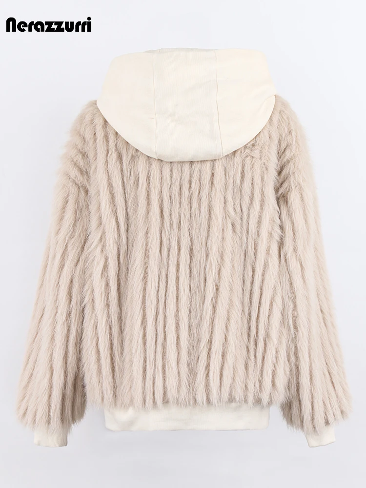 

Nerazzurri Winter Loose Casual Soft Warm Vertical Striped Faux Fur Coat Women with Hood Zipper Luxury Fluffy Bomber Jacket 2022