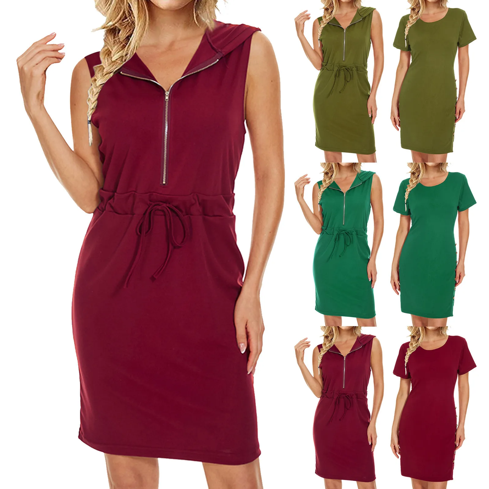 

Dresses For Women Spring Summer New Simplicity Casual Hooded Zipper Solid Folds Belt Sleeveless Pullover Basic Princess Dress