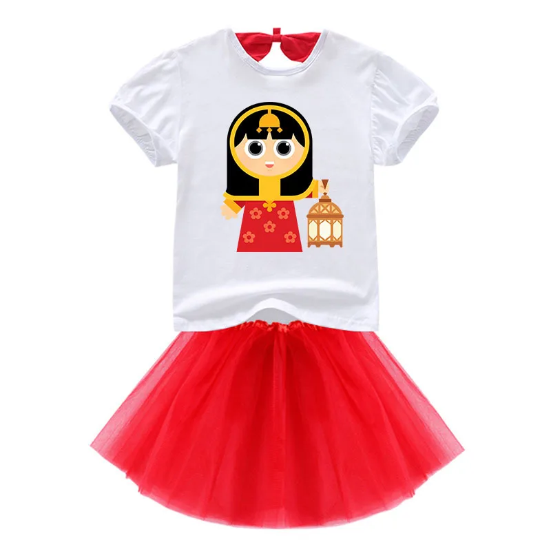 

Ramadan Kareem Clothes Kids Short-sleeved T Shirt+mesh Skirt 2pcs Sets Baby Girls Princess Dress Children Islamic Muslim Decor