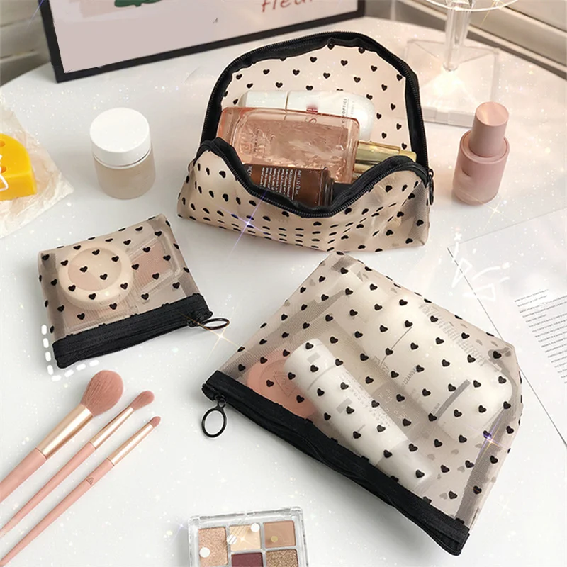 

Fashion Mesh Cosmetic Makeup Bags Case Holder Pouch Convenient To Carry Transparent Zipper Black Heart Printed Pencil Pen Case
