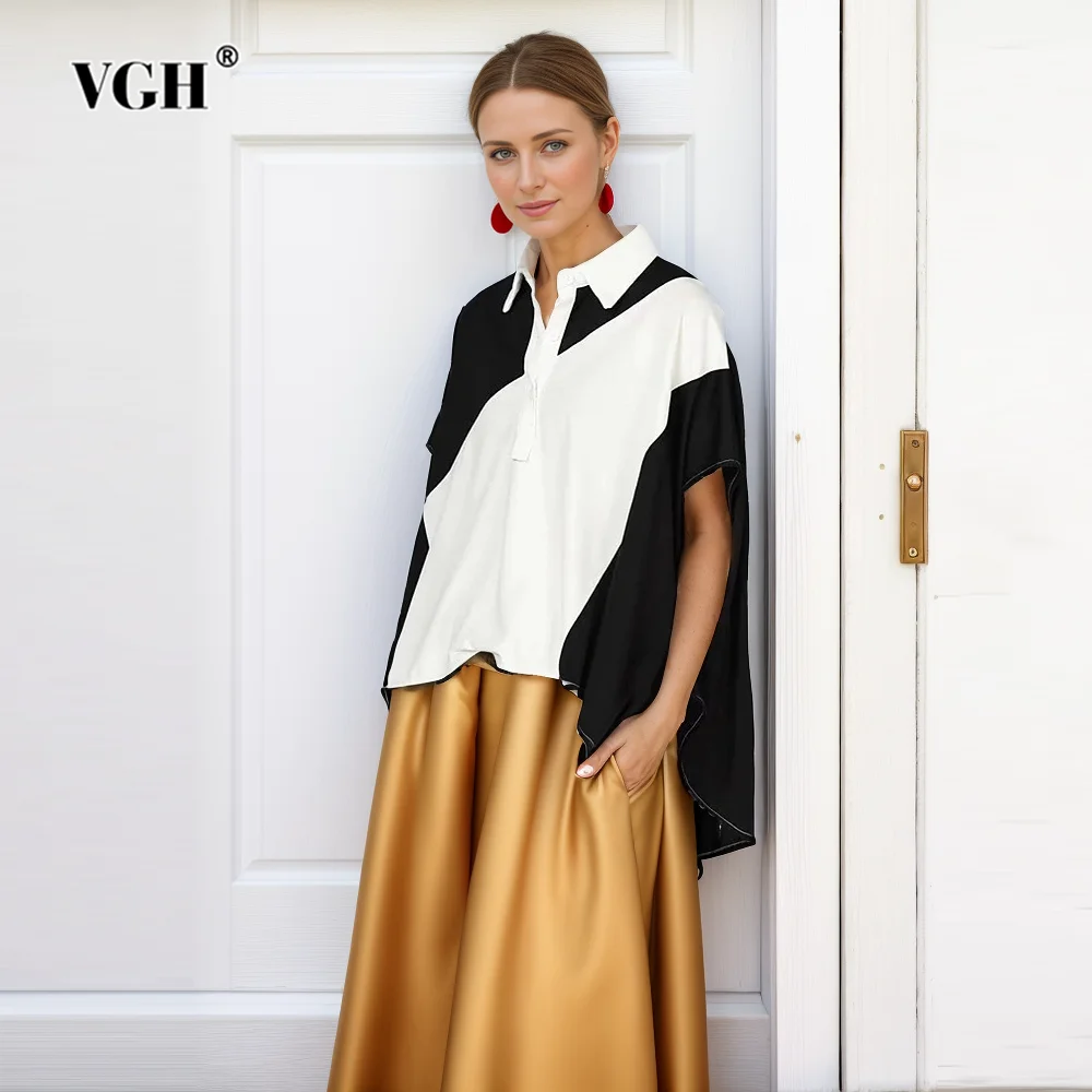 VGH хитовые цвета футболки с неровным подолом для женщин лацканами и короткими