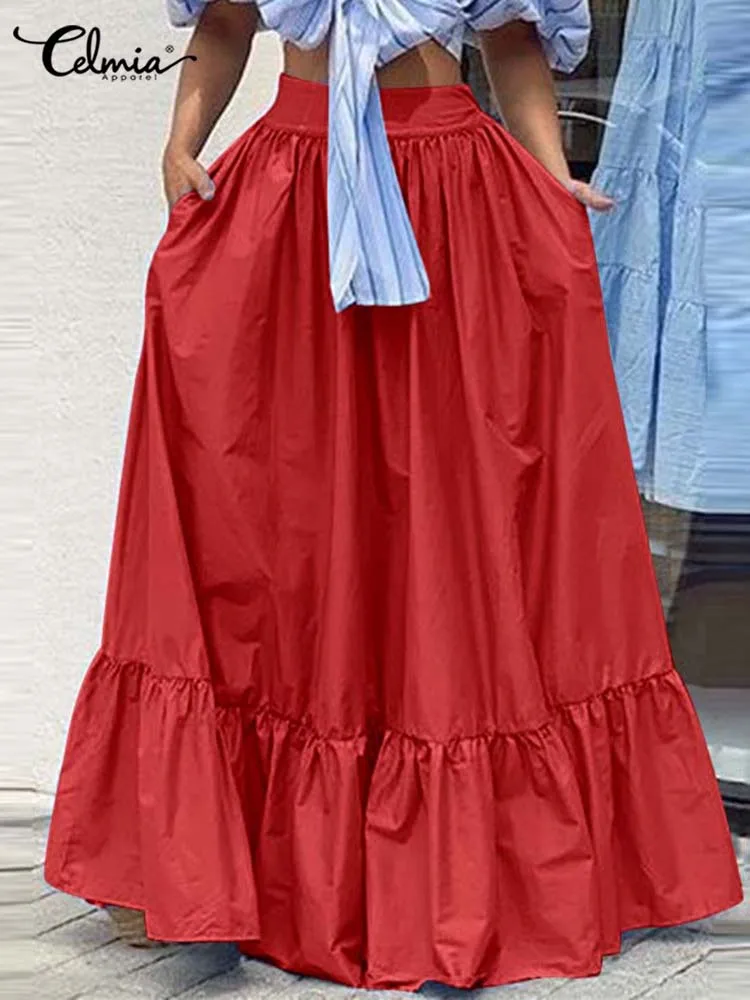 

Casual Pleated Stitching Maxi Skirts Celmia Women's High Waist Long Jupes Spring Autumn Fashion Elegant Ruffles Hem A Line Falda