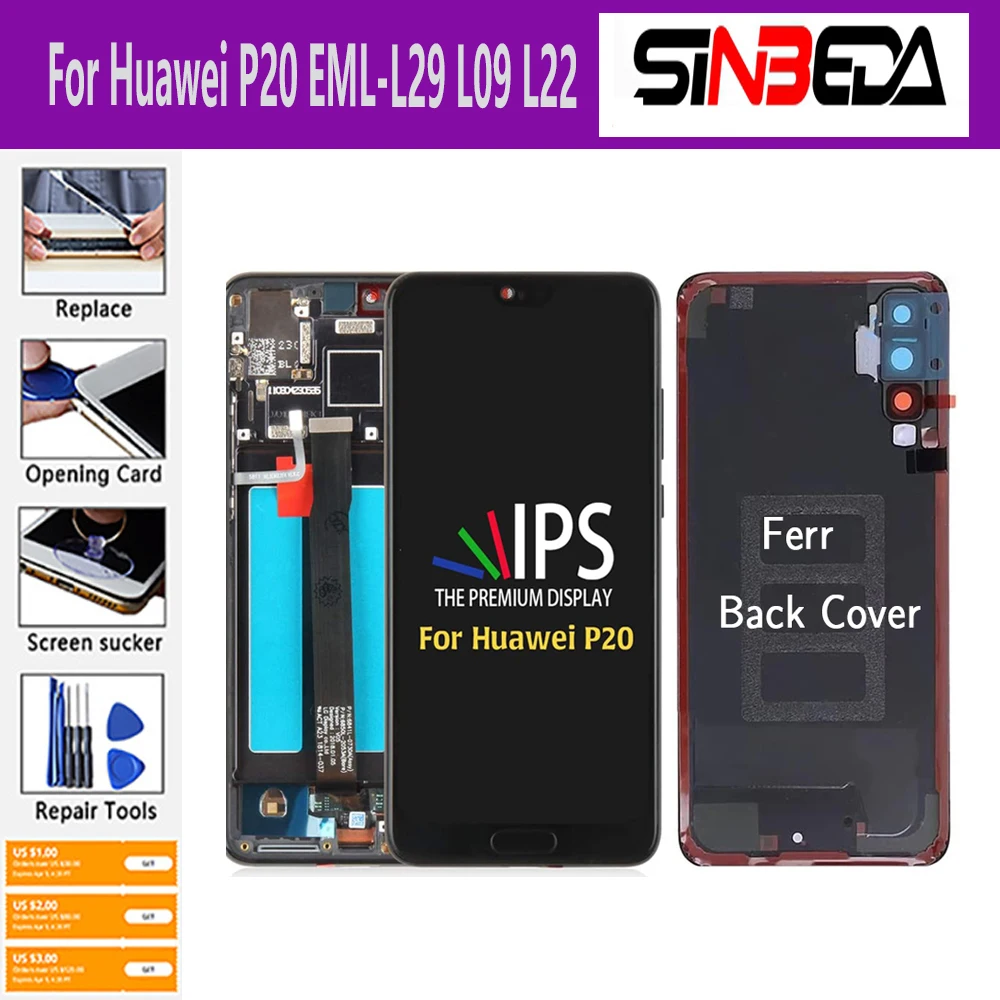 

LCD Screen For Huawei P20 EML-L29 L09 L22 Display With Fingerprint 10 Touch Screen Digitizer with Battery cover For Huawei P 20