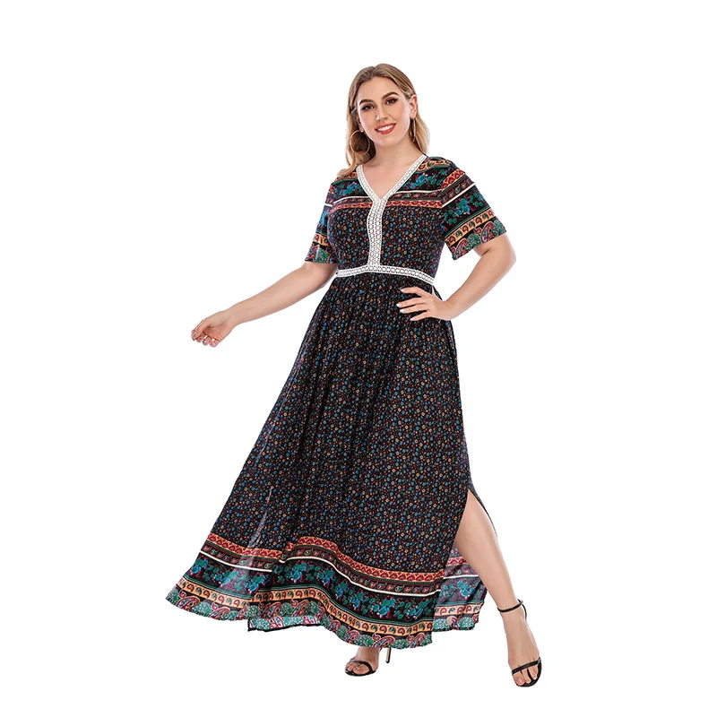 

Summer Women's Long Dress Retro Printing Short Sleeve Evening Glamorous Skirt