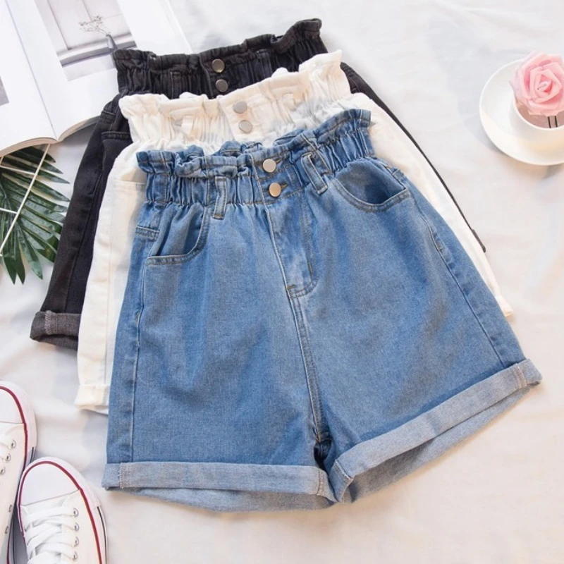 Женские летние джинсовые шорты большие размеры 5XL шаровары с оборками белые